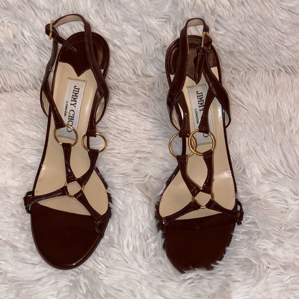Jimmy Choo London  Brown Burgundy Patent Sandals.